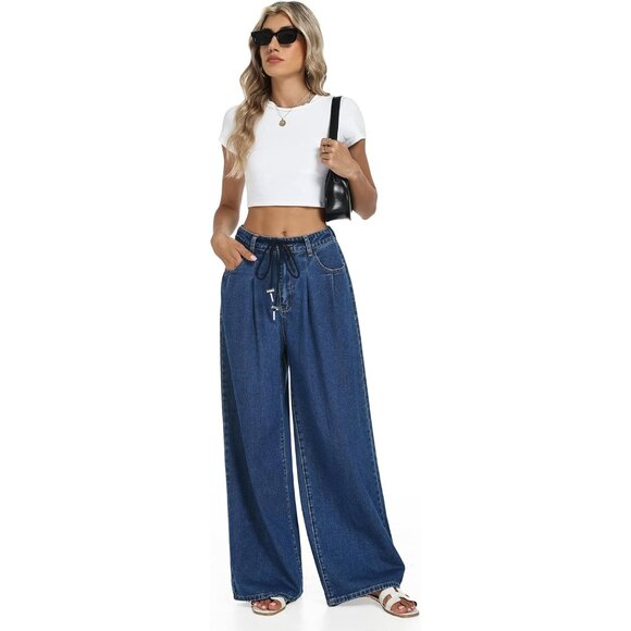 Women's Wide Leg Jeans Cotton Spandex High Waist Casual Streetwear - Picture 4 of 6
